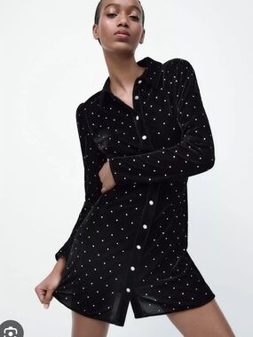 ZARA THE VERONA DRESS LONG SLEEVE RHINESTONES BUTTON UP BLACK VELVET
